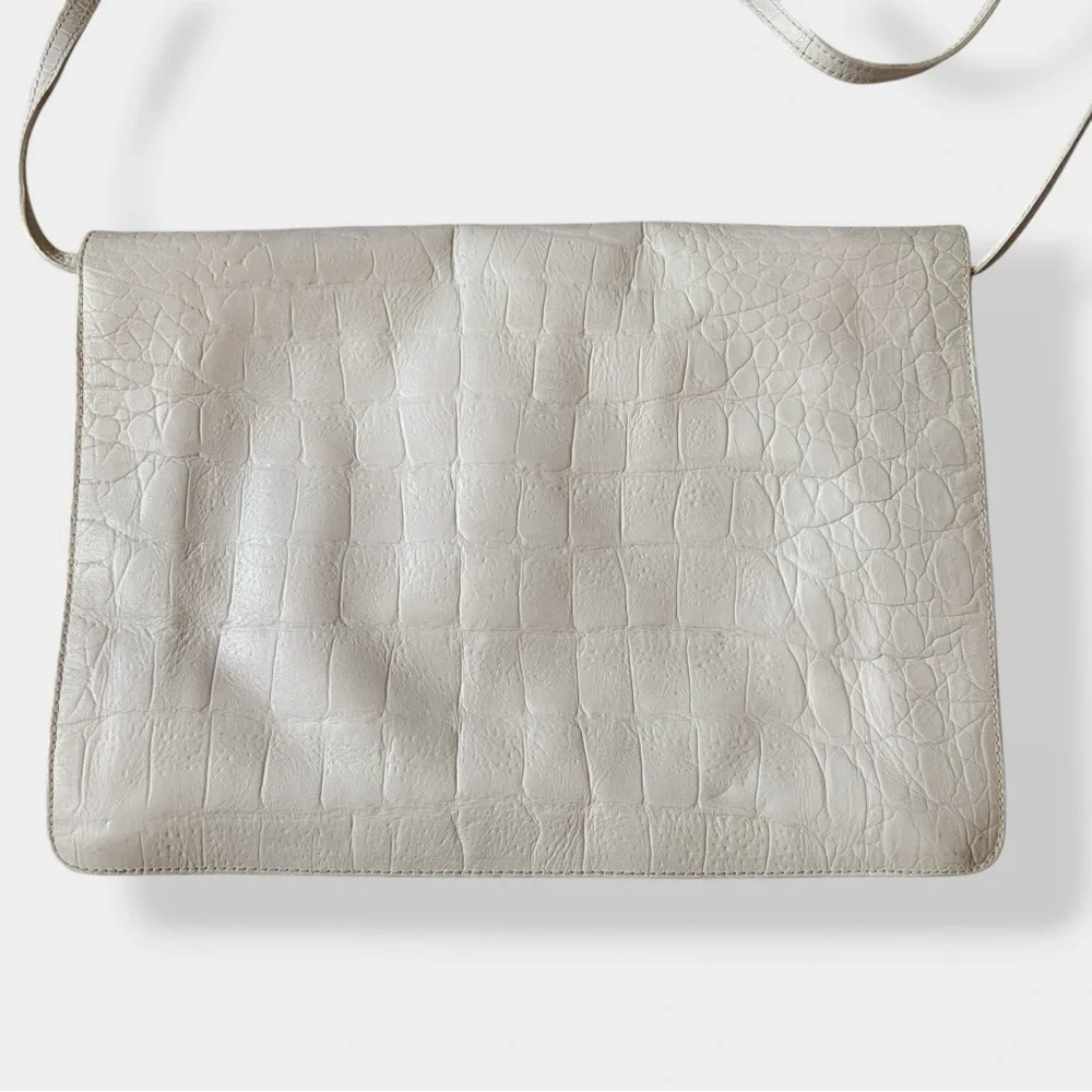 Vintage Furla Bag Envelope Croc Embossed Leather Off White Structured Purse